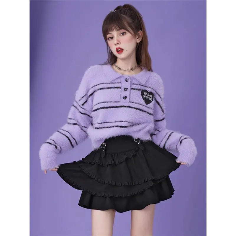 qgtao Black Y2k Mini Skirt Women Sweet Harajuku Kawaii Ruffle Gothic Patchwork Short Skirt Casual Grunge Street A-line Skirts