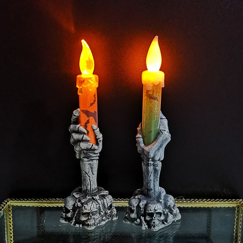 Halloween LED Lights Horror Skull Candle Ghost Holding Candle Lamp Christmas Party Decoration for Home Haunted House Ornaments