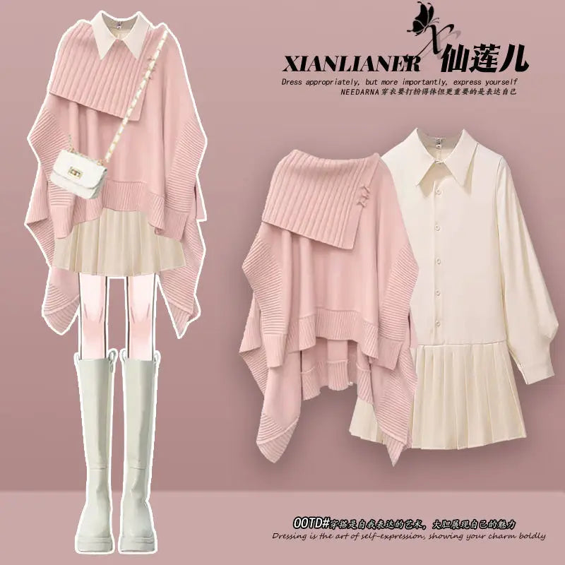 qgtao Korean Fashion Winter Suit Female New Plus Size Women Maillard Personality Loose Knit Sweater Shirt Dress Two-piece Y2k Clothes
