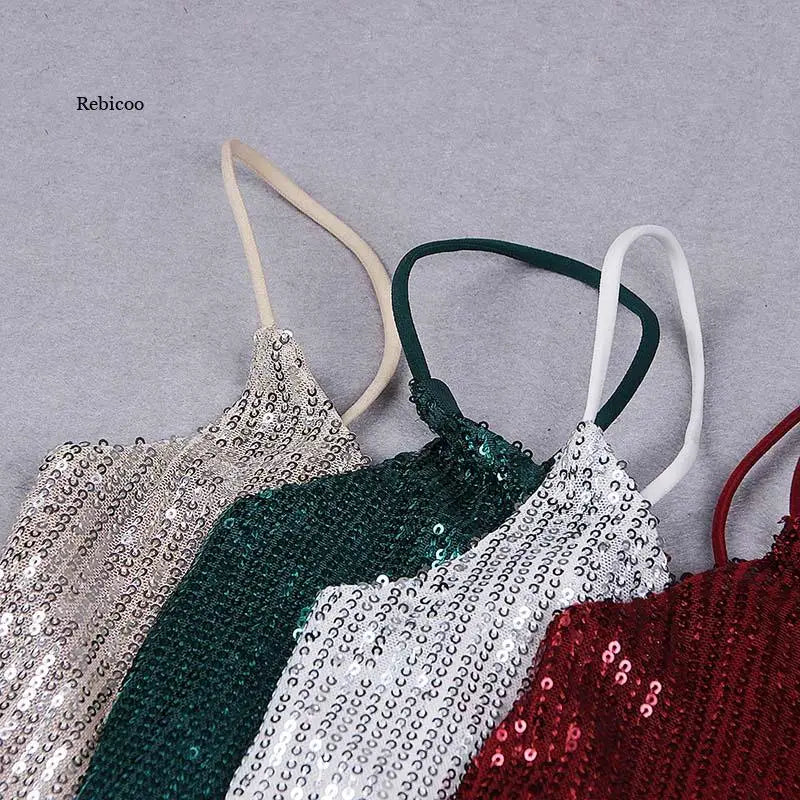 qgtao New Fashion Sequined Spaghetti Strap Sexy Backless Bodycon Midi Dress For Women Evening Party Vestidos