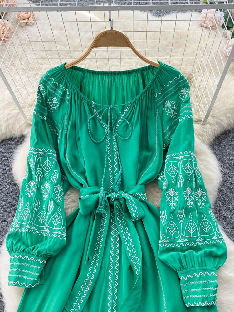 French Style Long Sleeve Embroidered Dress