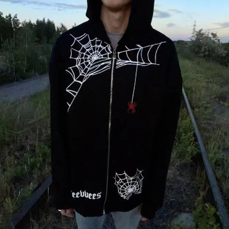 qgtao Y2K Spiders Printed Zip Up Oversized Sweatshirt Autumn Goth Hoodie Men And Women Grunge Hoodies Jacket Zipper Streetwear Clothes