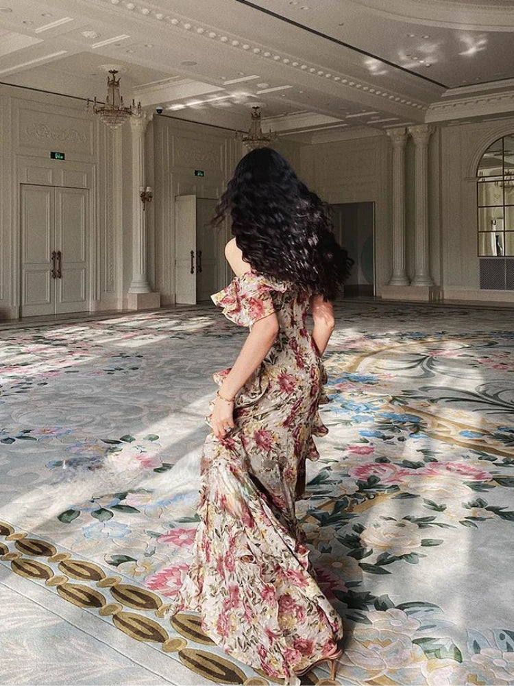 qgtao French Elegant 2000s Vintage Dress Women Floral Floor-Length Sexy Wedding Party Long Boho Dress Beach Style 2024 Summer Y2k Chic