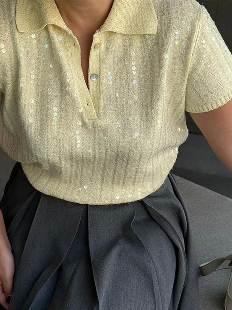 qgtao - Elegant Sequins Sparkling Knitted Short Sleeved Pullover Female Solid Simple Lapel Button Pullovers 2024 New Lady Knitwear Tops