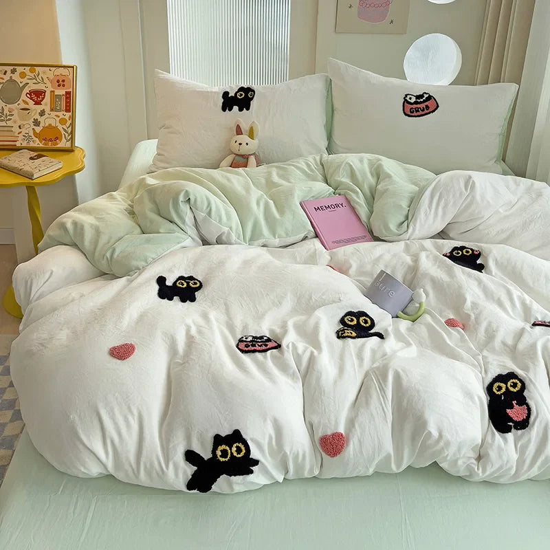 Yeknu Bedding Set Super Soft Washed Cotton Towel Embroidery Duvet Cover Four Piece Set - Lucky Cat Series
