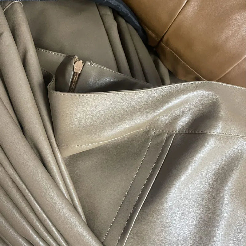 Simplicity Commute Solid Color Temperament Leather Skirts for Women Slim High Waist Split Sexy Bag Hip Skirts Female Clothing