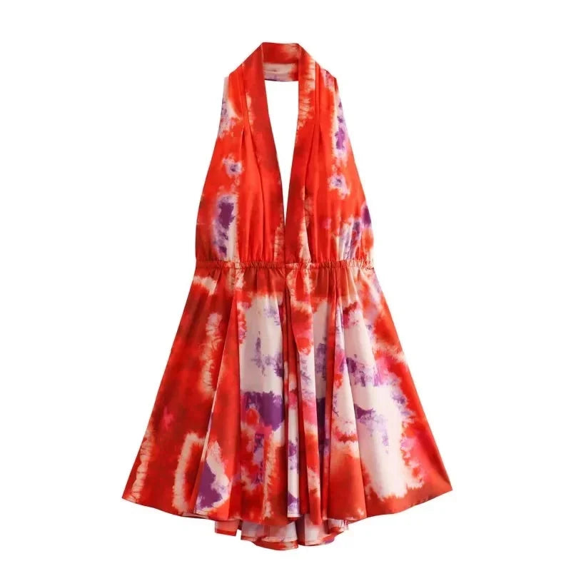 qgtao Boho Flower Print Halter Mini Dress Women Fashion 2023 Beach V Neck Sexy Backless Dress Holiday Party Dress