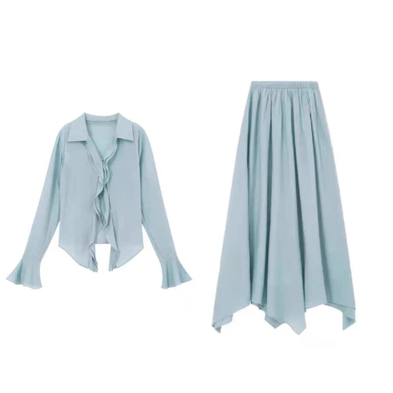 qgtao Autumn French Party Chiffon Skirt 2 Piece Set Women Casual Elegant Blouse + Office Lady Fairy Midi Skirt Korean Fashion