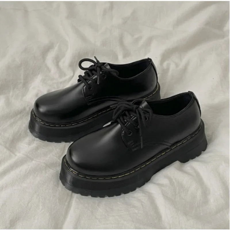 qgtao Loafers Thick Soled Retro Black Leather Shoes Women's 2024 Autumn Winter New Item Japanese Style College Style Lace Up Loafers
