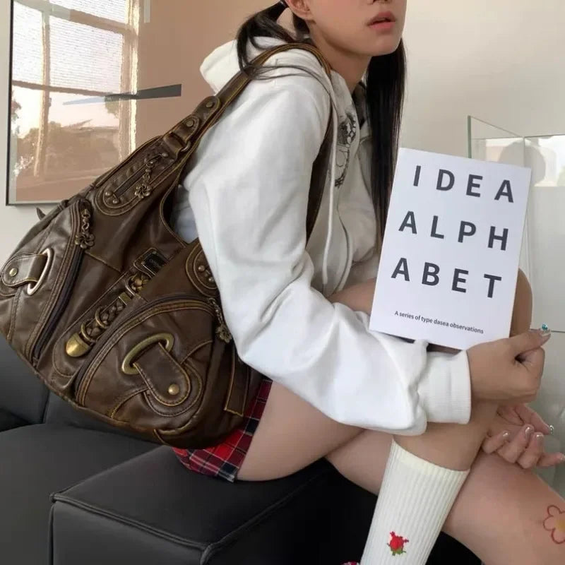 qgtao Y2k Vintage Womens Shoulder Bag Large Capacity Casual Pu Leather Tote Bag American Retro Luxury Designer Ladies Armpit Bag