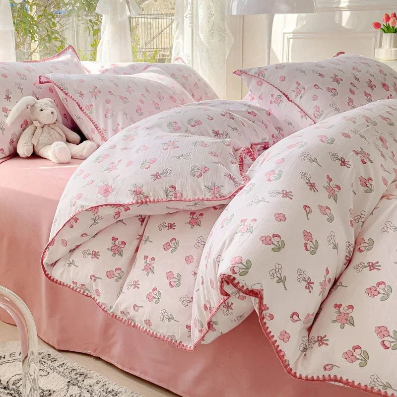 Yeknu Pastoral Girls Flower Bedding Sets, Washed Cotton Bed Linens, Soft Quilt Cover Sheet Set, Simple Bedspread, Home Textiles