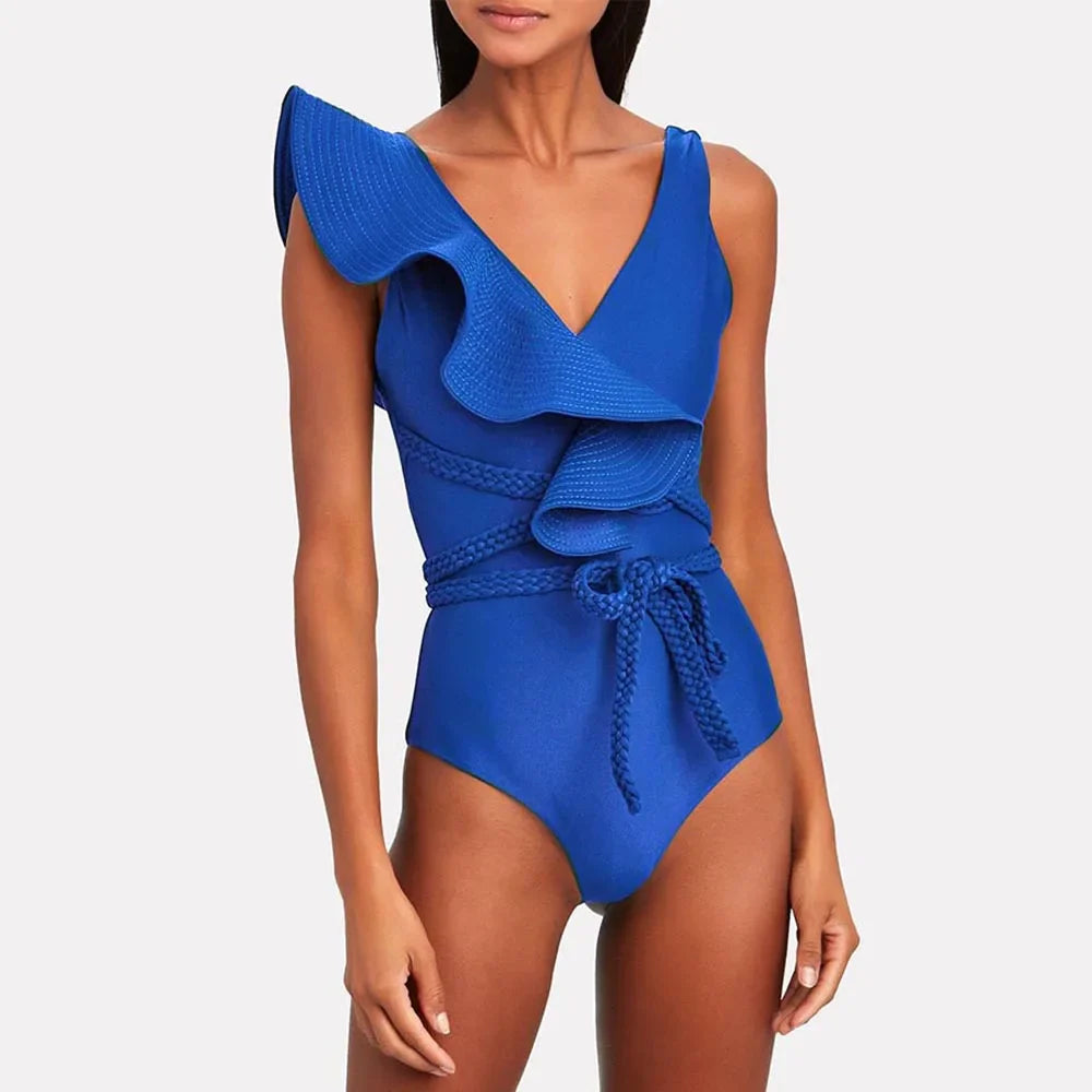 qgtao Plus Size Swimwear Women 2024 Luxury Sexy One Piece Swimsuits Deep-V Micro Bikini Shoulder Solid Ruffled Beach Bathing Suit