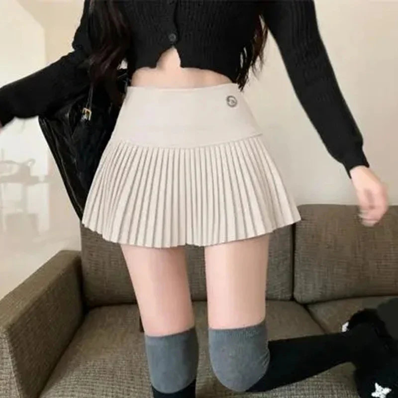qgtao Fashion Woolen Pleated Skirts Women Korean Chic Sexy High Waist A-Line Skirts Y2K Summer Solid Preppy All Match Mini Skirts