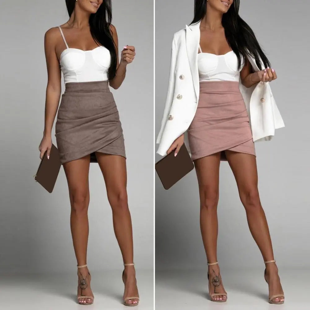 qgtao Chic Mini Skirt Colorfast Bodycon Skirt Zipper Closure Office Lady Sexy Pleated Suede Pencil Short Skirt  Versatile