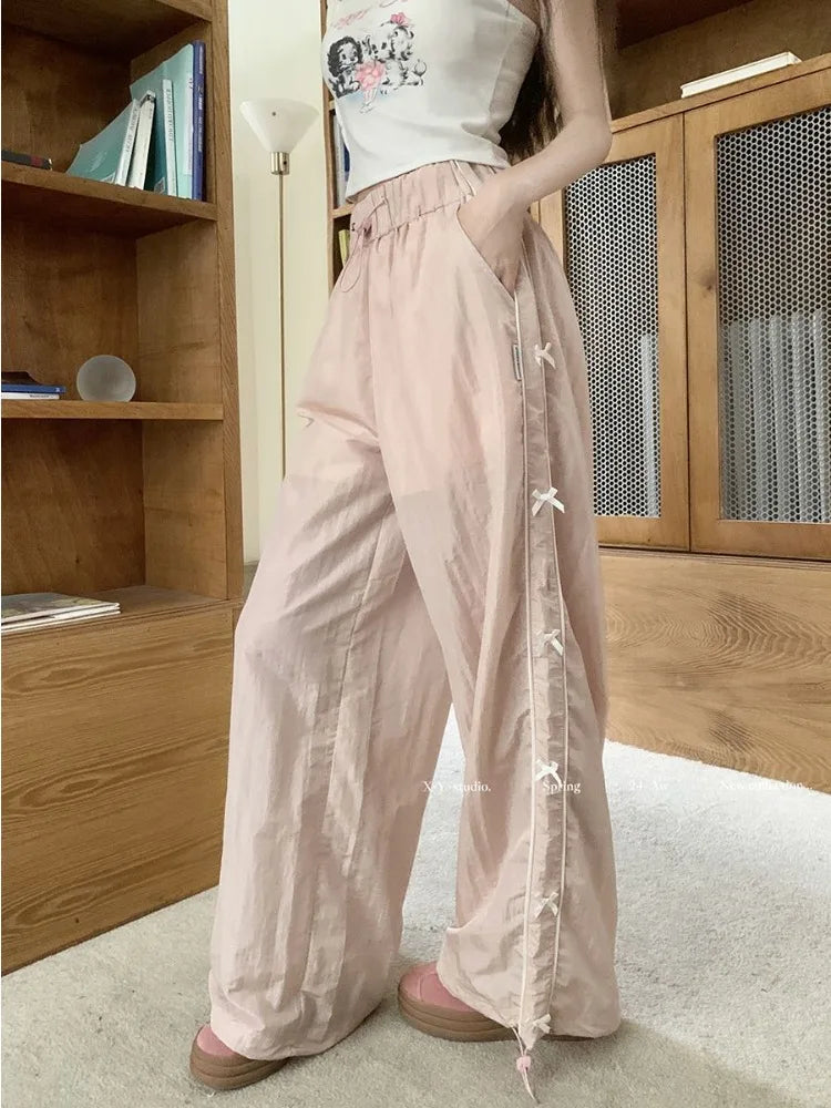 qgtao - Pink Sweet Y2k Parachute Pants Women Korean Style Coquette Baggy Joggers Bow Harajuku Kawaii Cute Wide Trousers Casual
