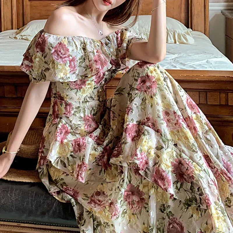 qgtao French Elegant 2000s Vintage Dress Women Floral Floor-Length Sexy Wedding Party Long Boho Dress Beach Style 2024 Summer Y2k Chic