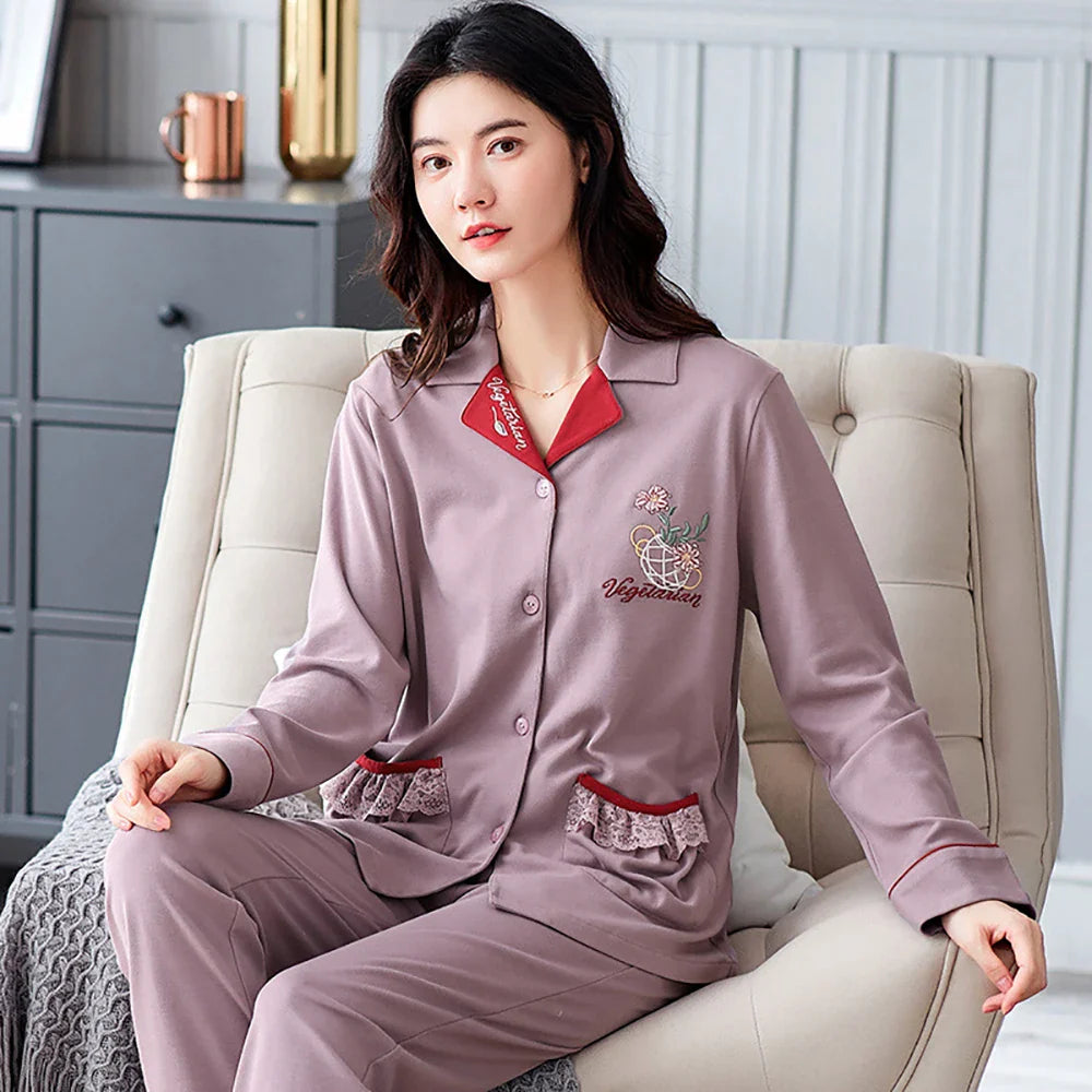qgtao M-3XL 100% Cotton Elastic Waist Trousers Sets Spring Autumn Print Sleepwear Women's Big Size Pajama Breathable Soft Pijama Mujer