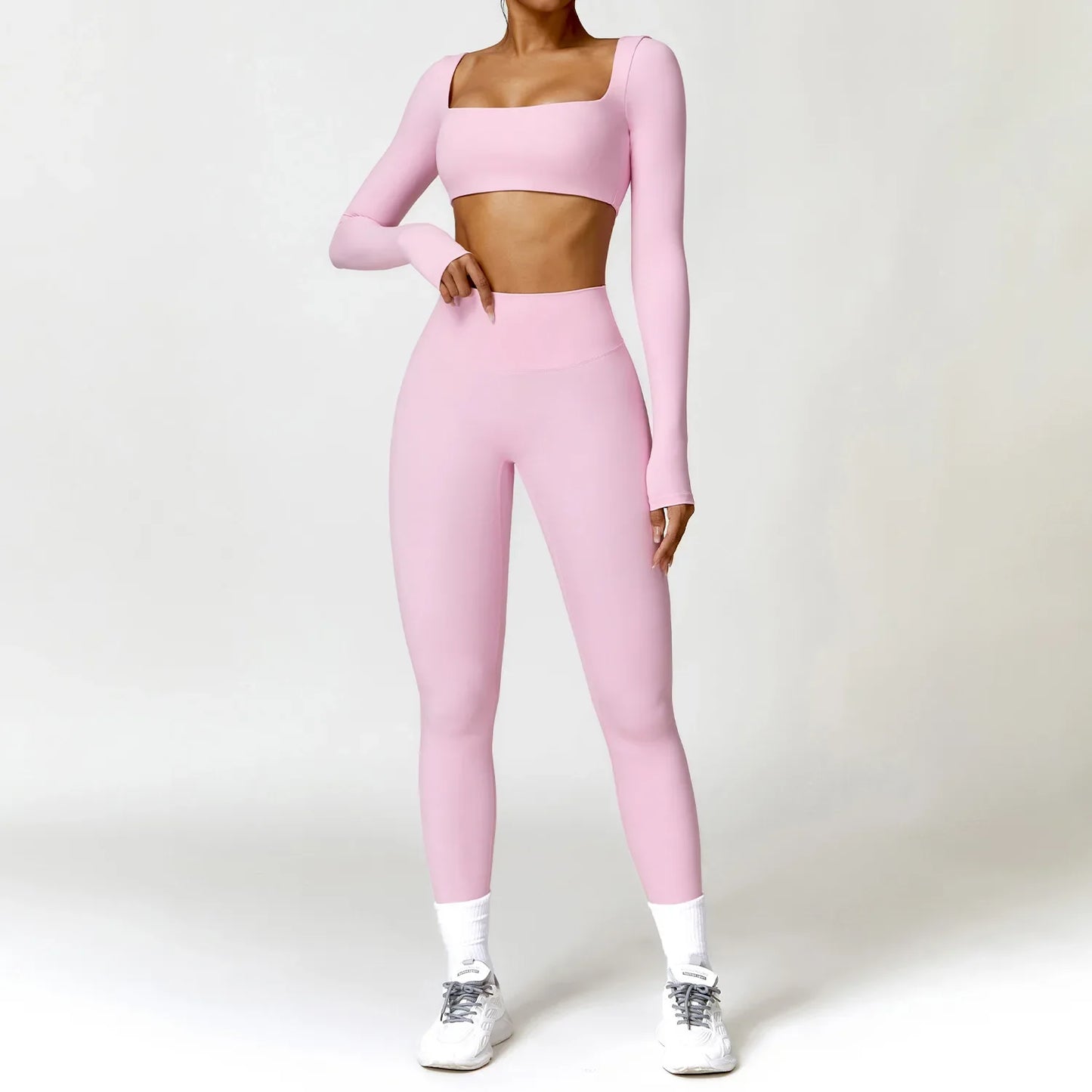 qgtao Yoga Set 2PCS Women Gym Long Sleeve Seamless Sportswear Workout Clothes Athletic Wear Legging Fitness Bra Crop Top Sports Suits