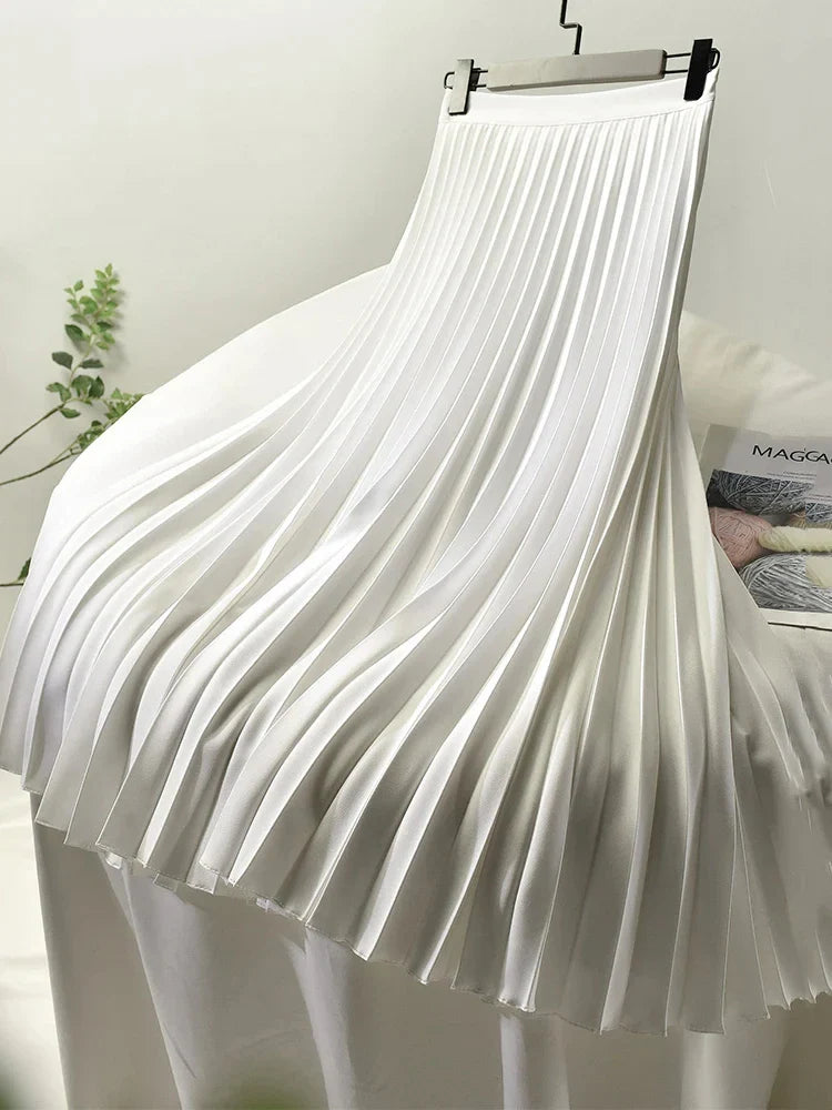 qgtao Elegant Long Pleated Skirt Women Spring Autumn Solid Elastic Waist A-line Slim Luxury Midi Skirt Vintage Female