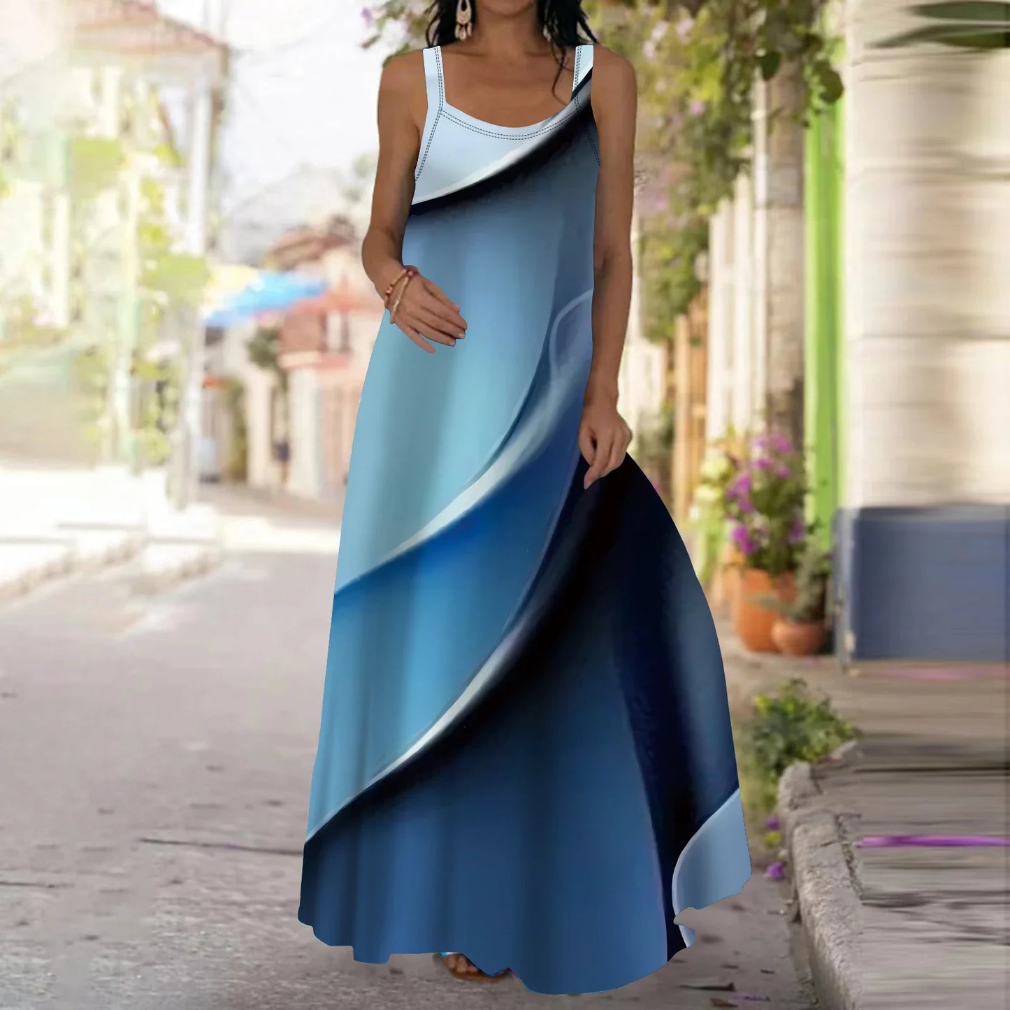 qgtao 2024 Loose Casual Plus Size Long Maxi Dress Beach Sun Dresses Women Sleeveless Summer Fashion Printed Boho Maxi Long Dress