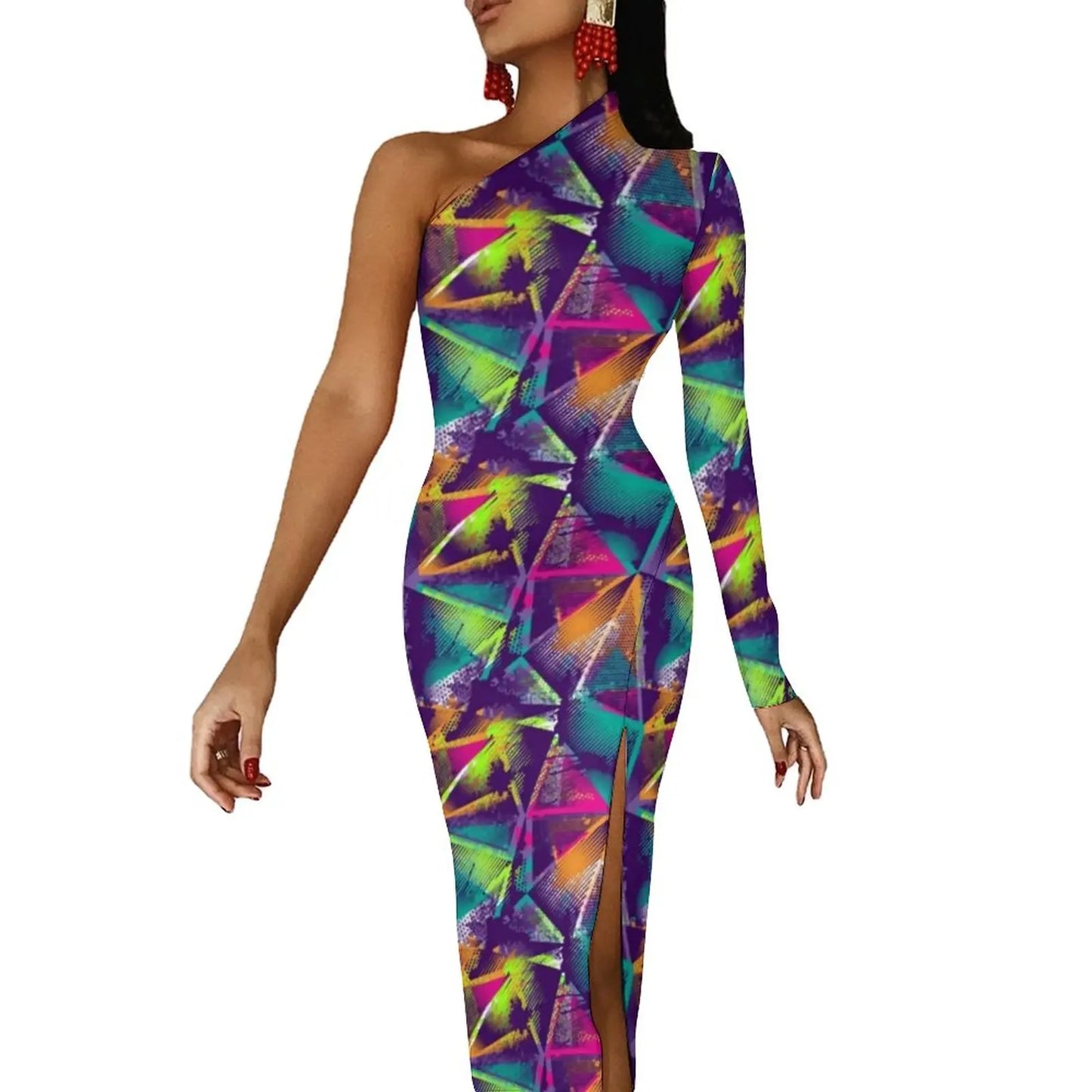 Neon Paint Long Dress Women Graffiti Splatter Print Party Maxi Dress Summer Long Sleeve Sexy Bodycon Dresses Side Split Clothes