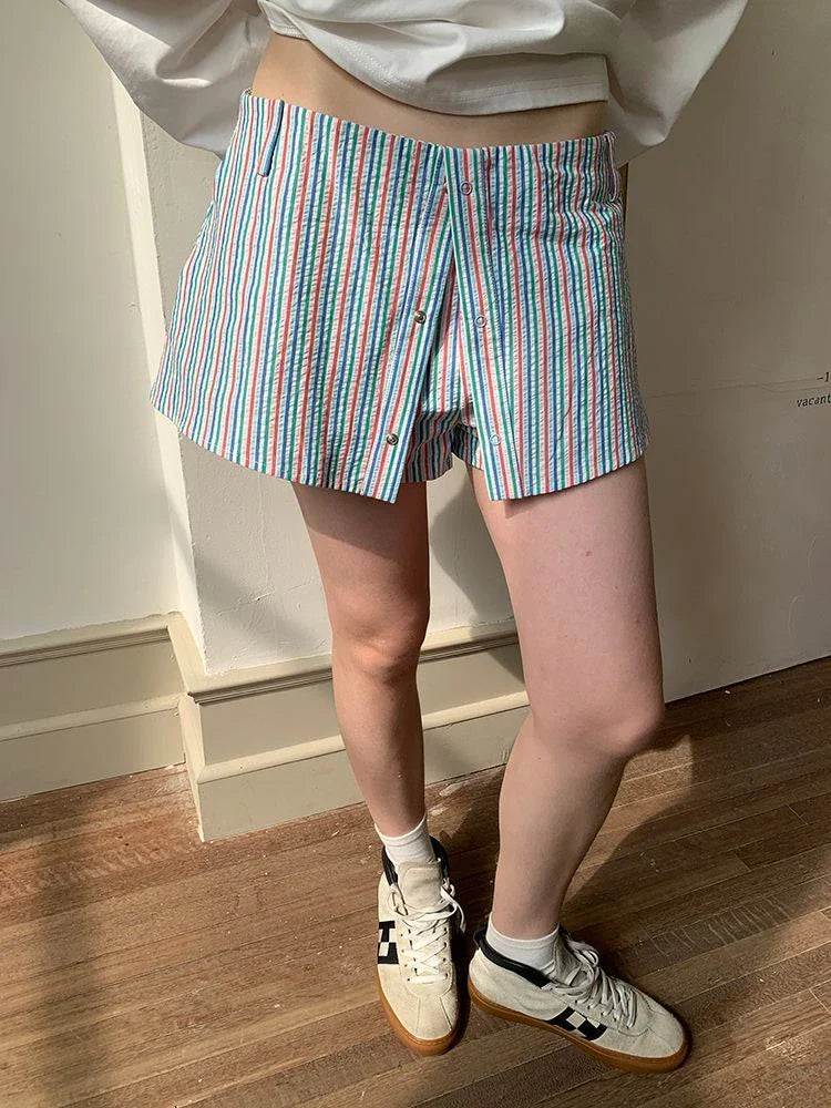 qgtao - Summer Stripe Shorts Women Y2k Causal Baggy Low Waist Korean Straight Half Pants Streetwear Fashion Female Short Skirts