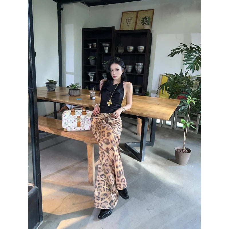 qgtao - Women Jeans Hip-hop Fashion Vintage Streetwear Y2K Wide Leg Straight Jean High Waist Leopard Print Trouser Baggy Denim Pants