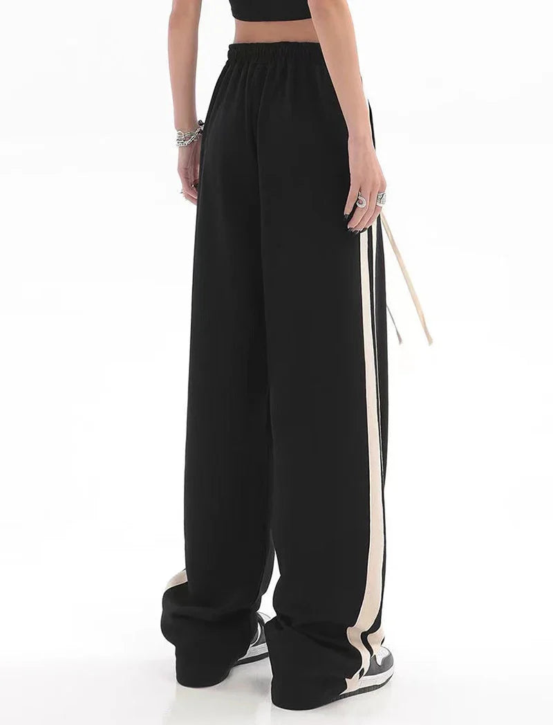 qgtao Striped Joggers Sweatpants Bf Hip Hop Women High Waist Wide Leg Sports Pants Street wear Drawstring Baggy Straight Trousers