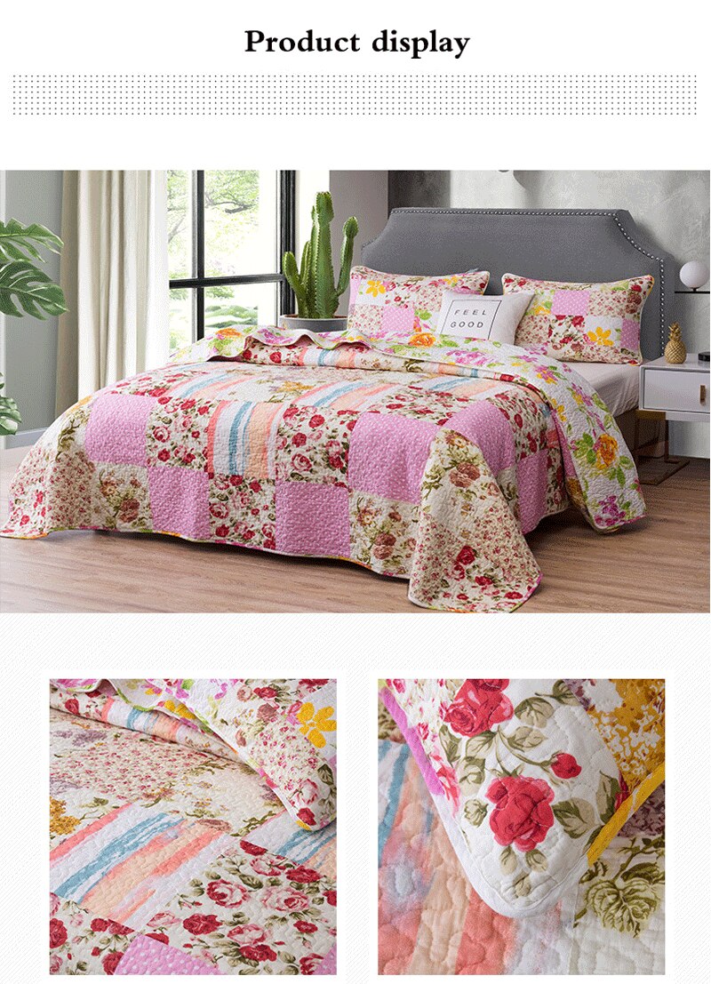 Yeknu Double Bed Cotton Printed Floral Rose 3 Piece Quilted Quilt Pillowcase Free Shipping