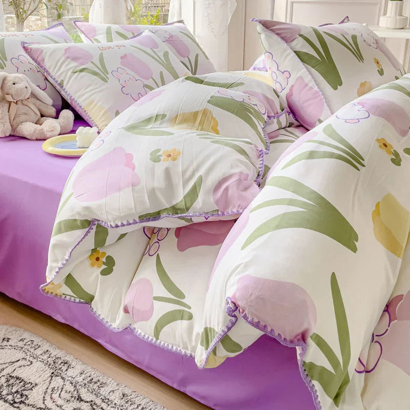 Yeknu Pastoral Girls Flower Bedding Sets, Washed Cotton Bed Linens, Soft Quilt Cover Sheet Set, Simple Bedspread, Home Textiles