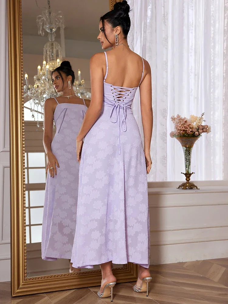 qgtao New Summer Elegant Maxi Dress 2024 New Arrival Purple Spaghetti Strap Wedding Guest Dress Lace Up Party Dresses