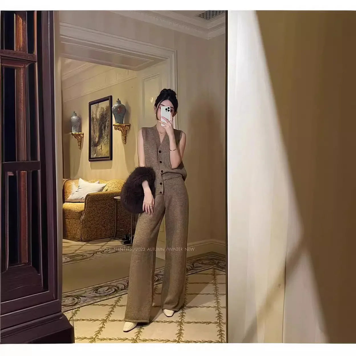 qgtao Autumn and Winter High-end Retro Maillard Long Sweater Two-piece Set