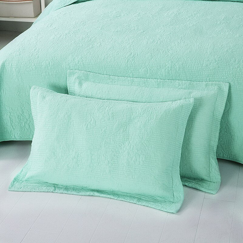 Yeknu Double Bed 100% Cotton Pure Green 3pcs Printed Quilted Quilt Pillowcase Free Shipping