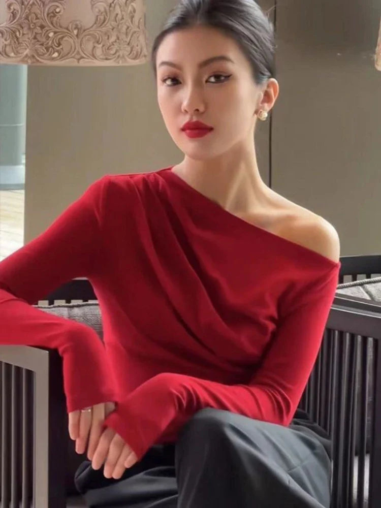 2024 Slim White Tshirt Black Red Woman T-shirt Sexy Plain Clothing Off Shoulder Top for Women Aesthetic Korea Stylish Funny Tee