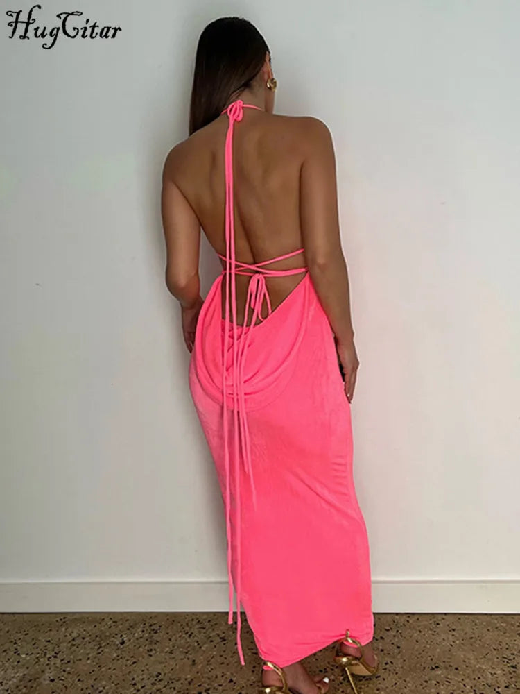 qgtao Swing Collar Backless Sleeveless Drawstrings Hollow Out Slit Sexy Maxi Prom Dress 2023 Summer Women Party Y2K Robe