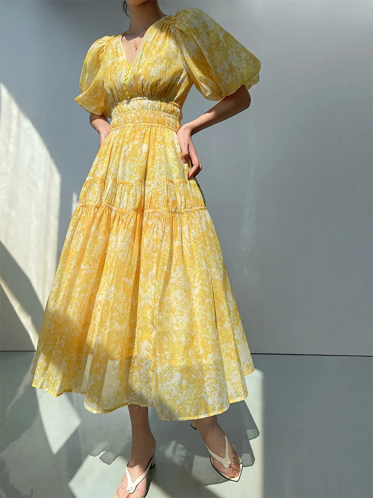 French Floral Printed Puff Sleeve Beading Midi Dress Women V Neck Elegant Slim Waist Party Dresses Fashion Summer