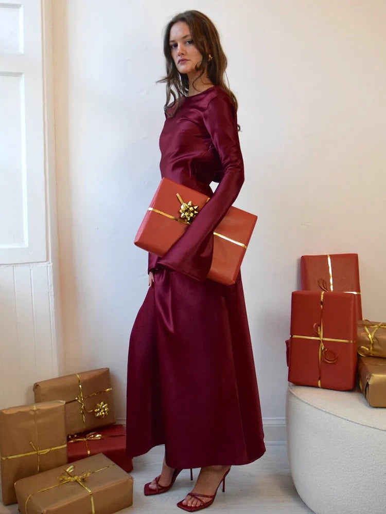 Elegant Christmas Evening Dress Women Long Sleeve Dress Bodycon Max Female Vestidos High Grade Satin Party Club Clothing
