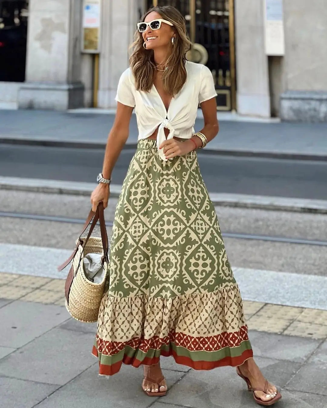 Summer Women's Half Skirt Vintage Pattern Print High Waist Loose Skirt Casual Ladies All-match A-Line Beach Long Skirts 2024