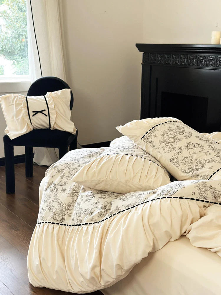 Yeknu Winter 100% Cotton Korean Princess  Bedding Set Thickened Retro French Duvet Cover Sets Flower Bed Skirt  Skin-friendly Fabrics