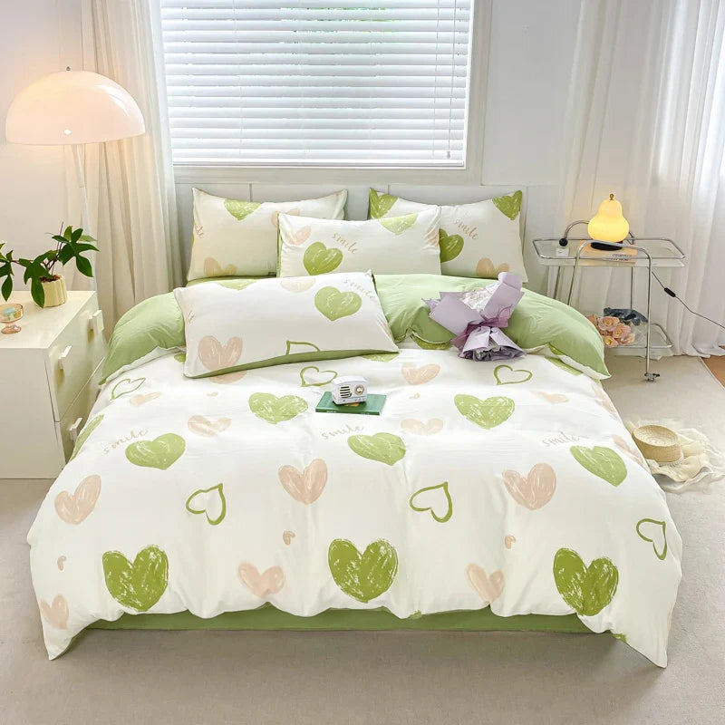 Yeknu Sweet Green Heart-Shaped Princess Girls Duvet Covers Simple Quilt Cover Bed Flat Sheet Pillowcase Washed Cotton Bed Linens