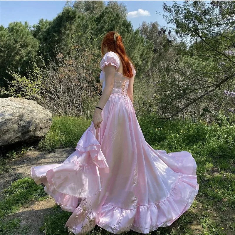 qgtao Sexy Sweeetheart Pink Prom Party Dresses Detachable Short Sleeves Ruffles Silk Split Evening gowns Formal Sexy Dresses For Woman