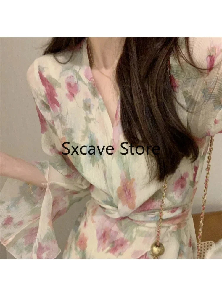 qgtao French Sweet Floral Midi Dress Women 2024 Summer Design Elegant Vintage Dress Office Lady Even Party Chiffon Dress Korea Fashion
