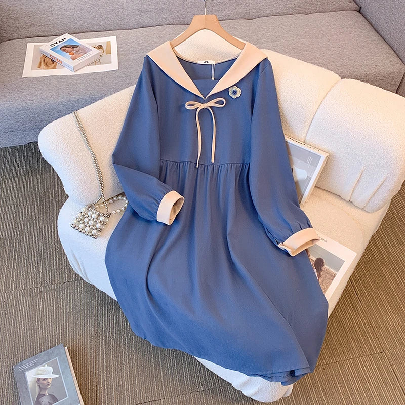 qgtao Plus-size women's casual dress with navy collar Blue decal skirt Bow Tie preppy French maxi Commuter party Home travel wear