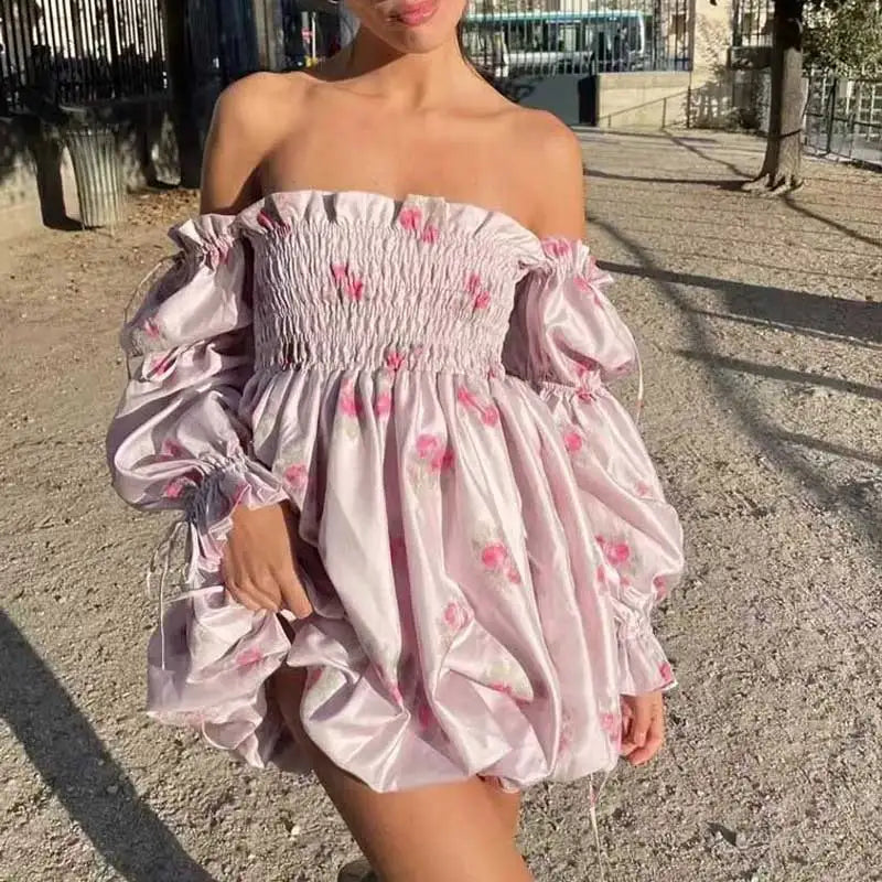 qgtao Boho Inspired satin Smocked Puff Sleeve Bubble Mini Dress floral print party girl dress 2024 summer dressse sexy women dress