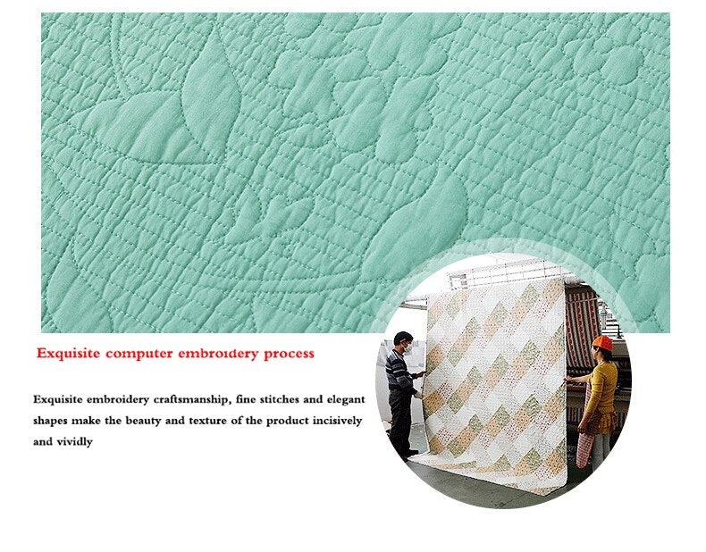 Yeknu Double Bed 100% Cotton Pure Green 3pcs Printed Quilted Quilt Pillowcase Free Shipping