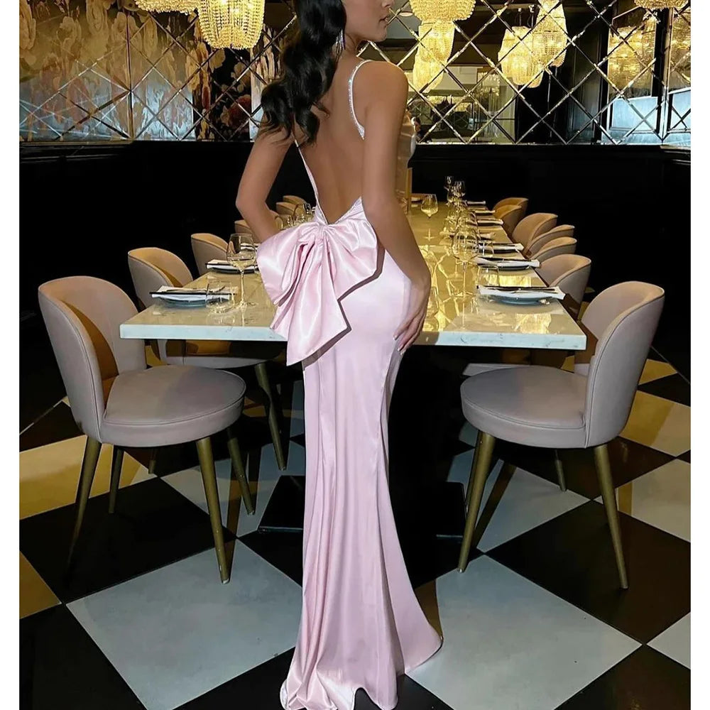 qgtao Pink Backless Bow Mermaid Spaghetti Sleeveless Prom Dresses for Sexy Women Special Occasion Paert Luxury Evening Long Dress Formal Gown