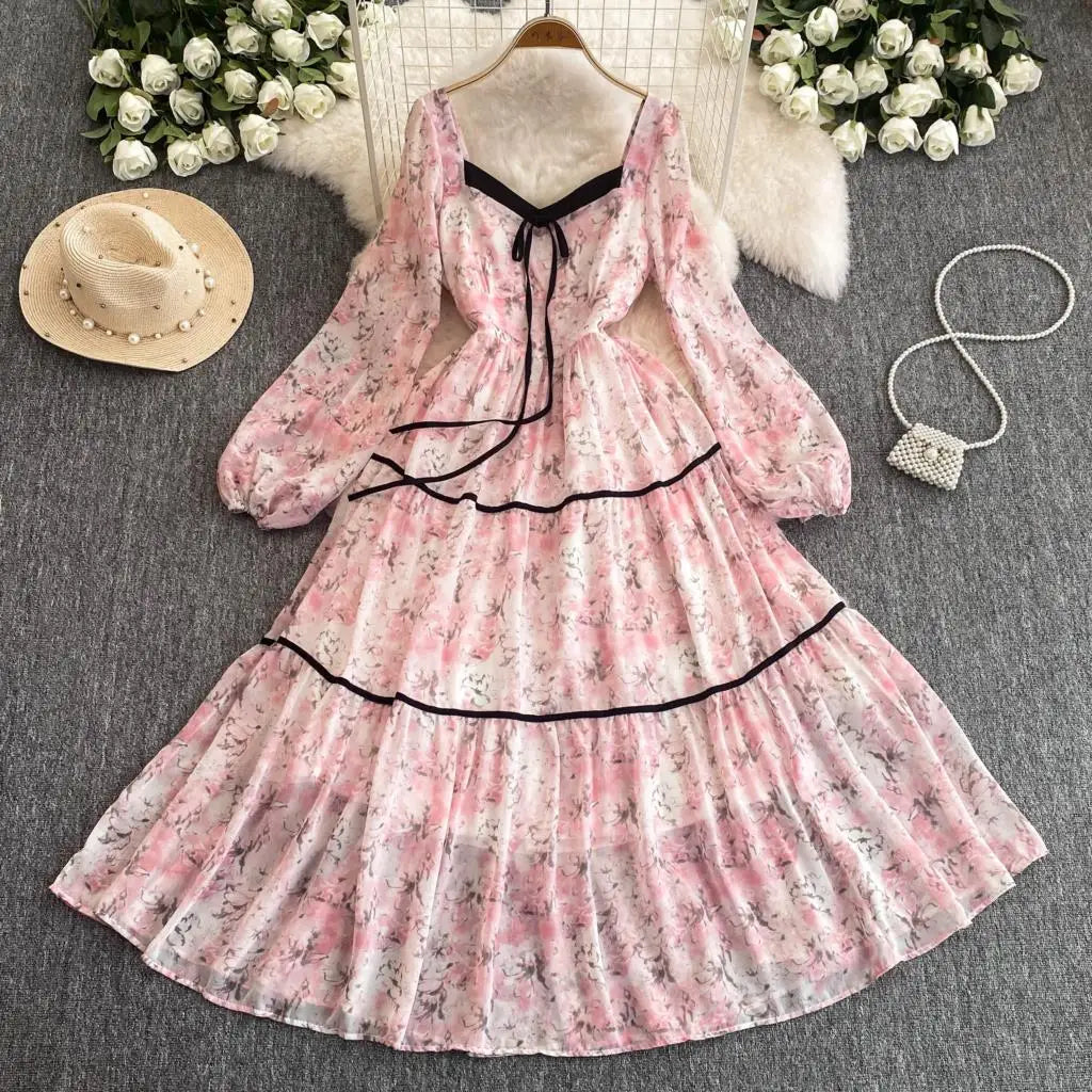 qgtao Elegant Floral Printed Midi Dresses for Women Lantern Sleeves Square Collar A-line Birthday Party Dress Autumn New Prom Robe