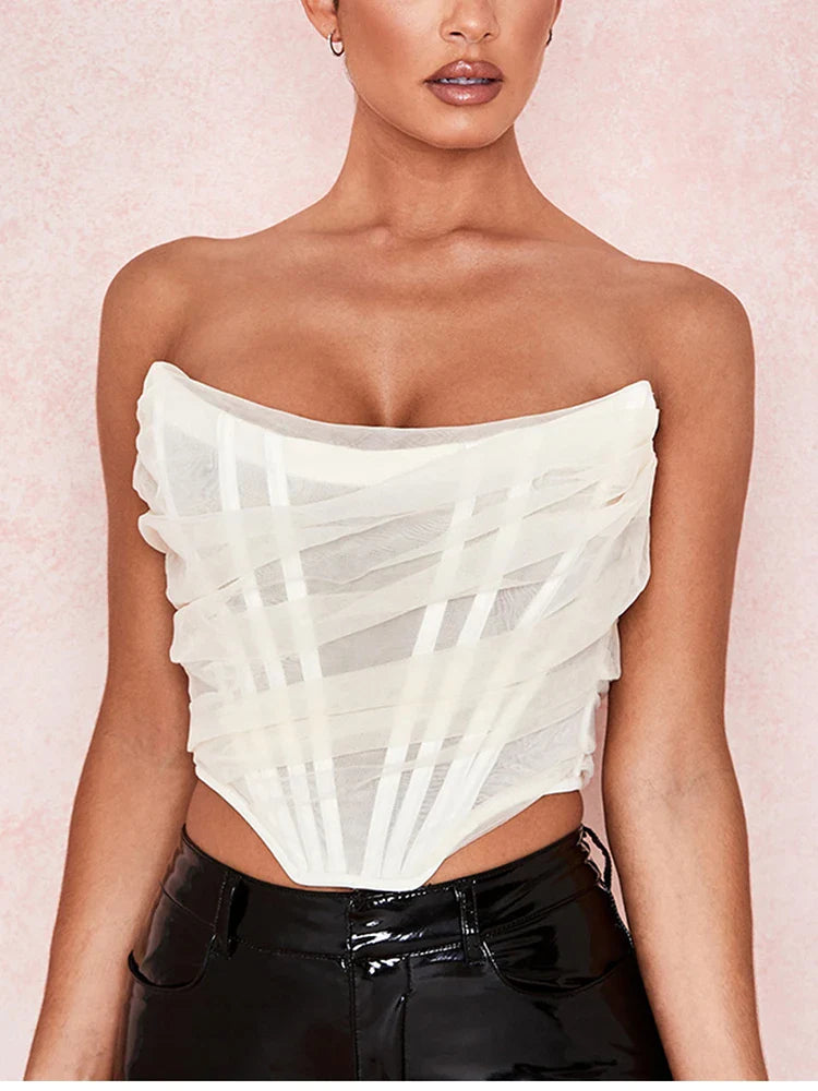 Colysmo Mesh Crop Top Women Summer Tops Sexy Party Club Wear Off Shoulder Corset Top Solid Color Casual Streetwear Tube Top