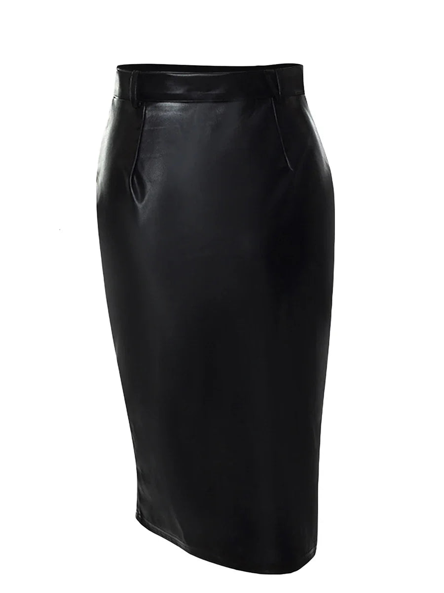qgtao 2024 Autumn Winter Black Pencil Skirts Women Pu Leather Sexy High Waist Split With Belt Midi Skirt Bodycon Party