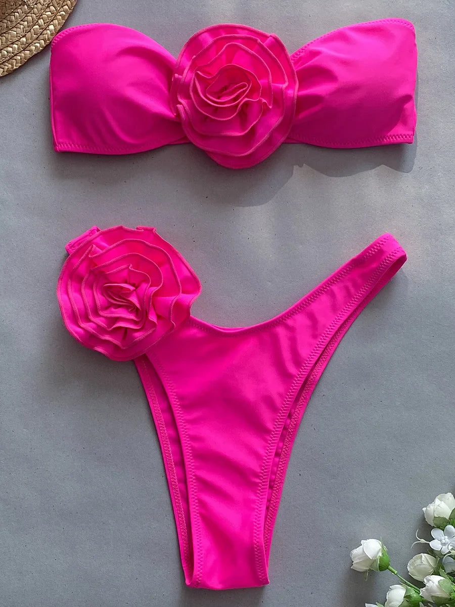 qgtao 3D Flowers Brazilian Strapless Bandeau Bikini Female Swimsuit Women Swimwear Two-pieces Bikini Set High Cut Bathing Suit Swim